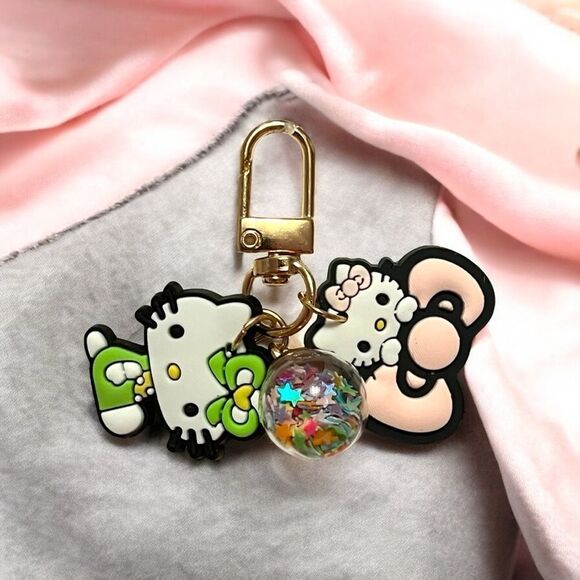 Hello Kitty Pink Bow Confetti Ball Gold Tone Bag Charm Zipper Pull - Picture 2 of 2